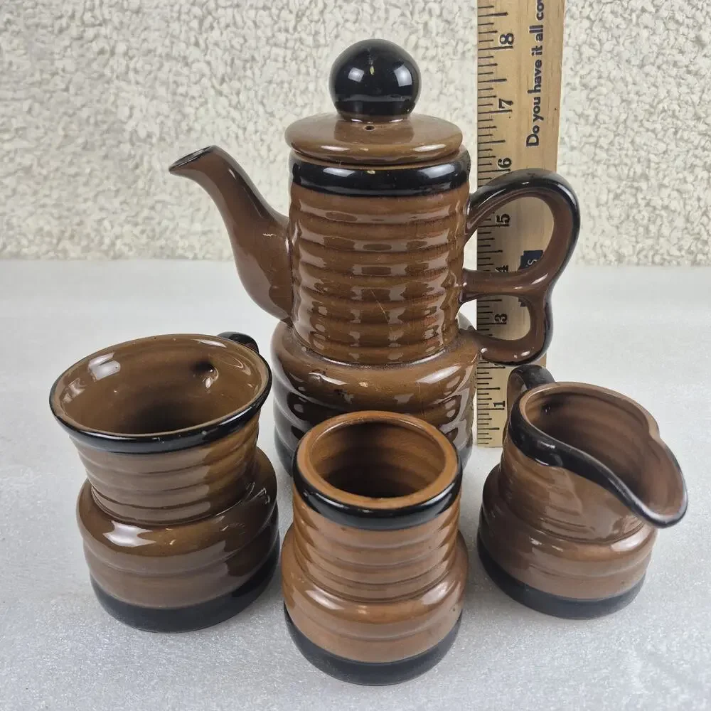 Vintage 1960s Japan Glazed Ribbed Ceramic Coffee Tea Set Pot Sugar Mug 6-Pc